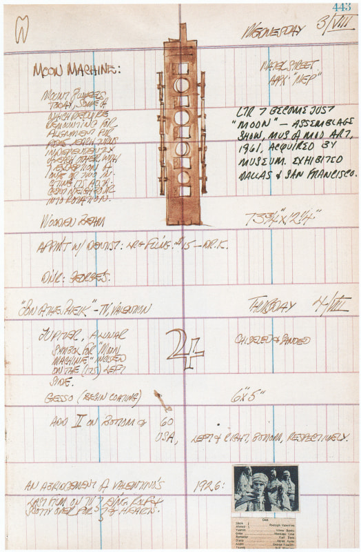 Indiana's journal page for August 3–4, 1960, featuring text, a sketch of the sculpture Moon, and a clipping of a black and white image and cast list from Valentino's last film