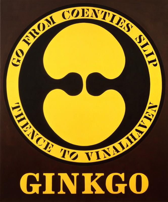 A rectangular painting with a dark brown ground dominated by a yellow ginkgo within a circle, surrounded by a yellow ring with dark brown text reading "Go from Coenties Slip thence to Vinalhaven." Below is the painting's title, Ginkgo, in yellow letters.