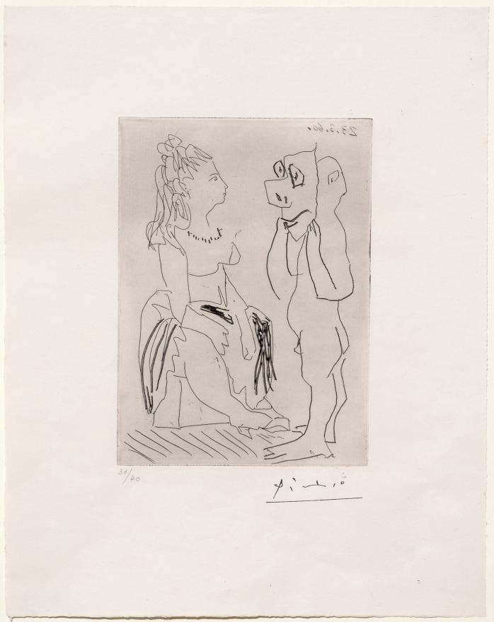 Pablo Picasso, Homme Debout Avec Masque Devant Femme Assise, etching