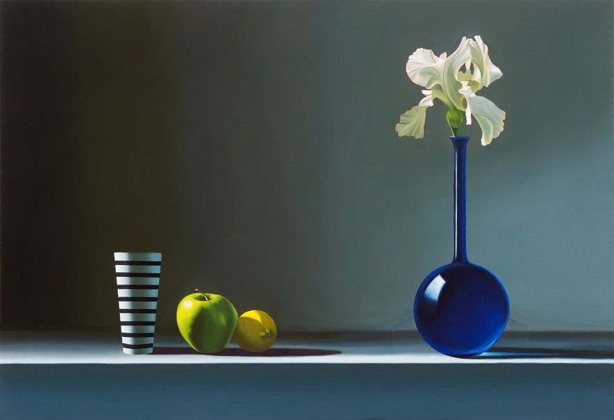 Bruce Cohen, Iris in Blue Vase with Apple and Lemon, 2017, Oil on canvas, Painting, Still Life
