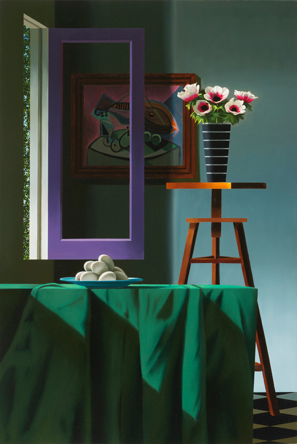 Bruce Cohen, Anemones in Striped Vase with Picasso, Painting, Still life, Oil on canvas