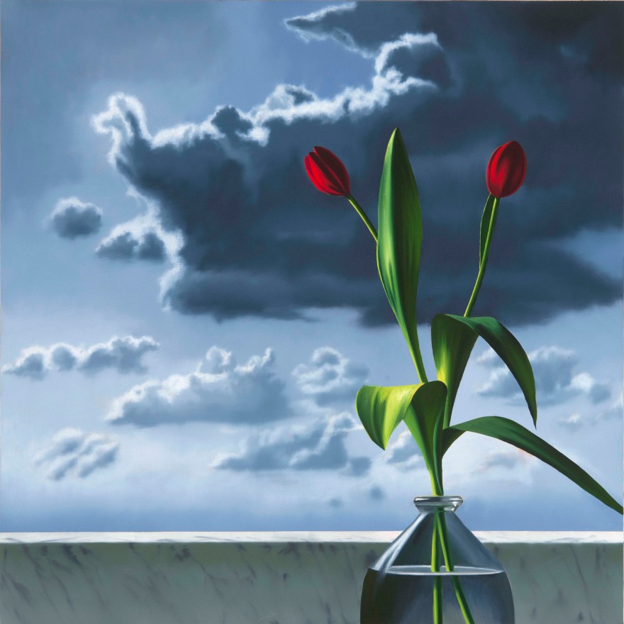 Bruce Cohen, Red Tulips Against Cloudy Sky, Oil on canvas