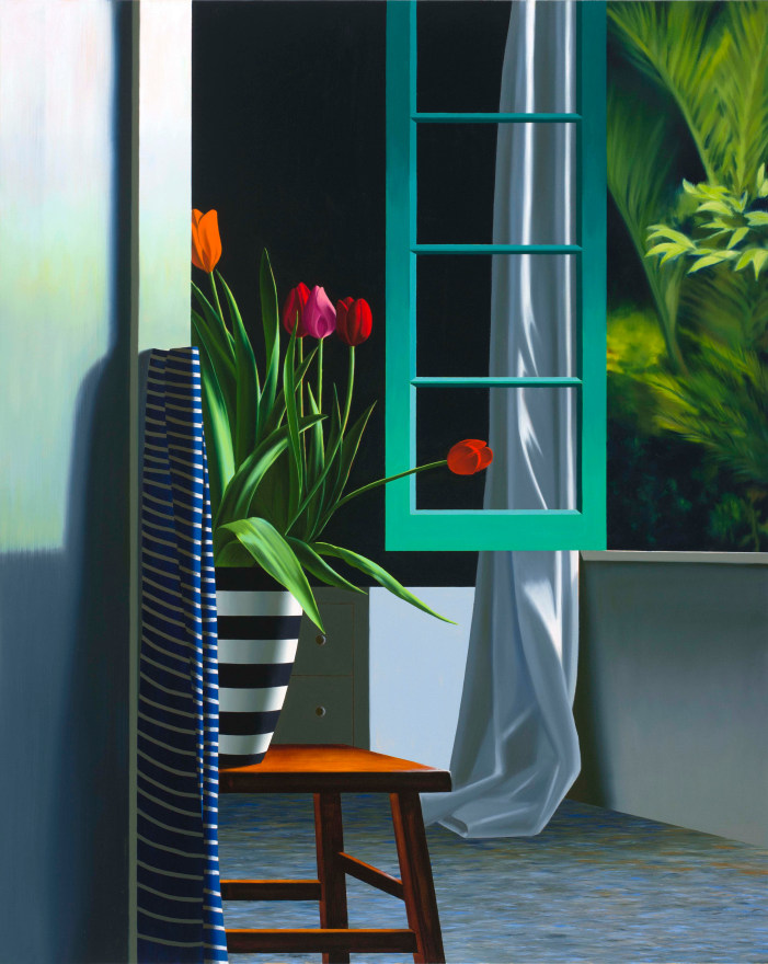Bruce Cohen, Interior with Tulips in Striped Vase with Striped Scarf, Oil on canvas