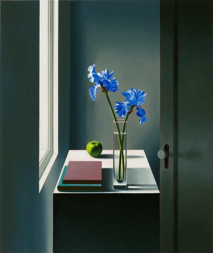 Bruce Cohen, Interior with Iris and Apple, 2017, Oil on canvas, Painting, Still life