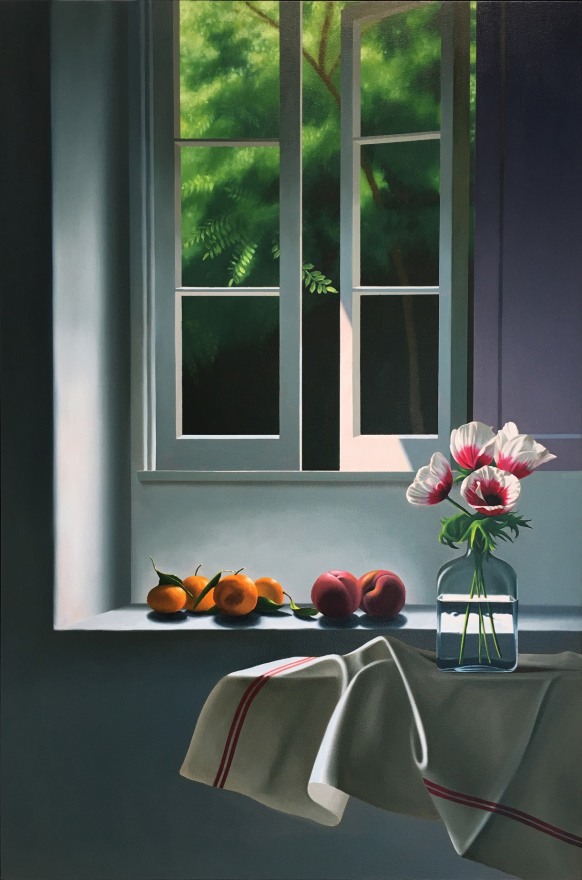 Bruce Cohen, Interior with Anemones and Fruit, 2014, Oil on canvas, Still Life