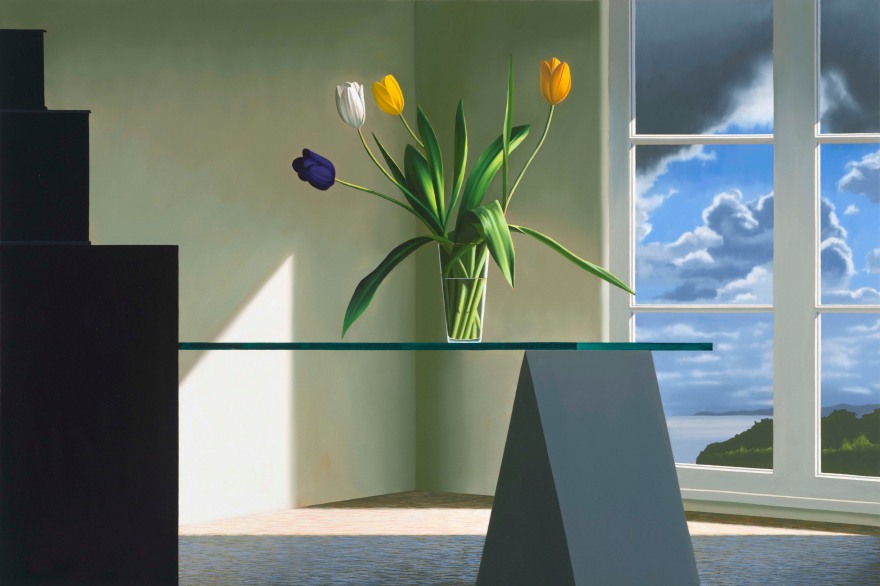 Bruce Cohen, Tulips on Glass Table, Oil on canvas