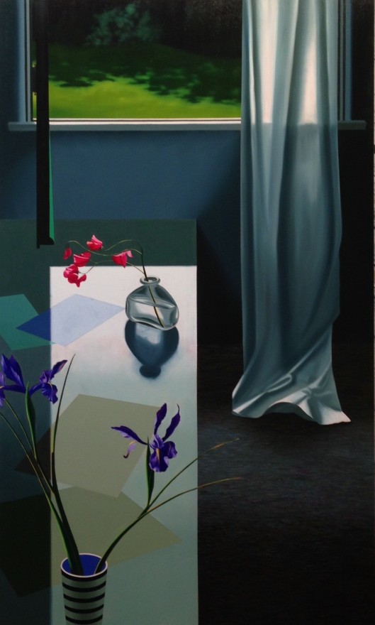Bruce Cohen, Interior with Iris and Sweet Peas, 2016, Oil on canvas, Painting, Still Life