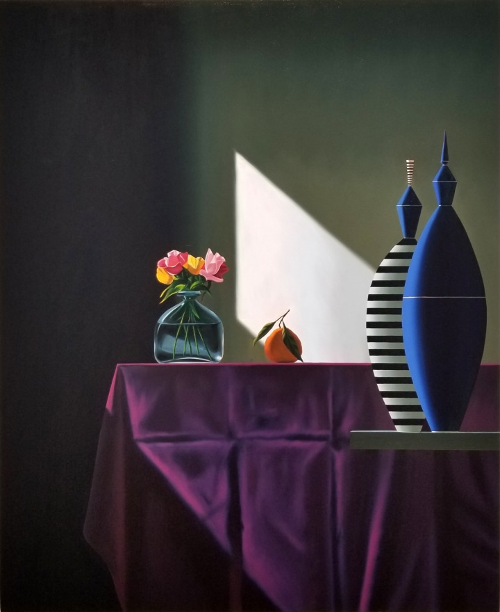 Bruce Cohen, Blu and Striped Vessels Next to purple Tablecloth