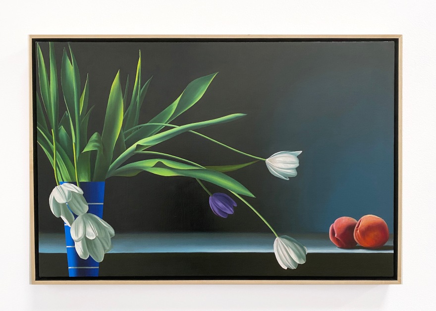 Still Life with White Tulips and Two Peaches