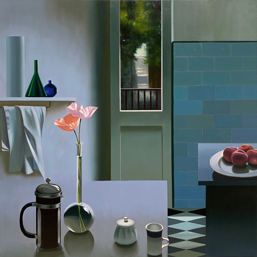 Bruce Cohen, Interior with Coffee Pot and Poppies, Painting, Oil on canvas, Still life