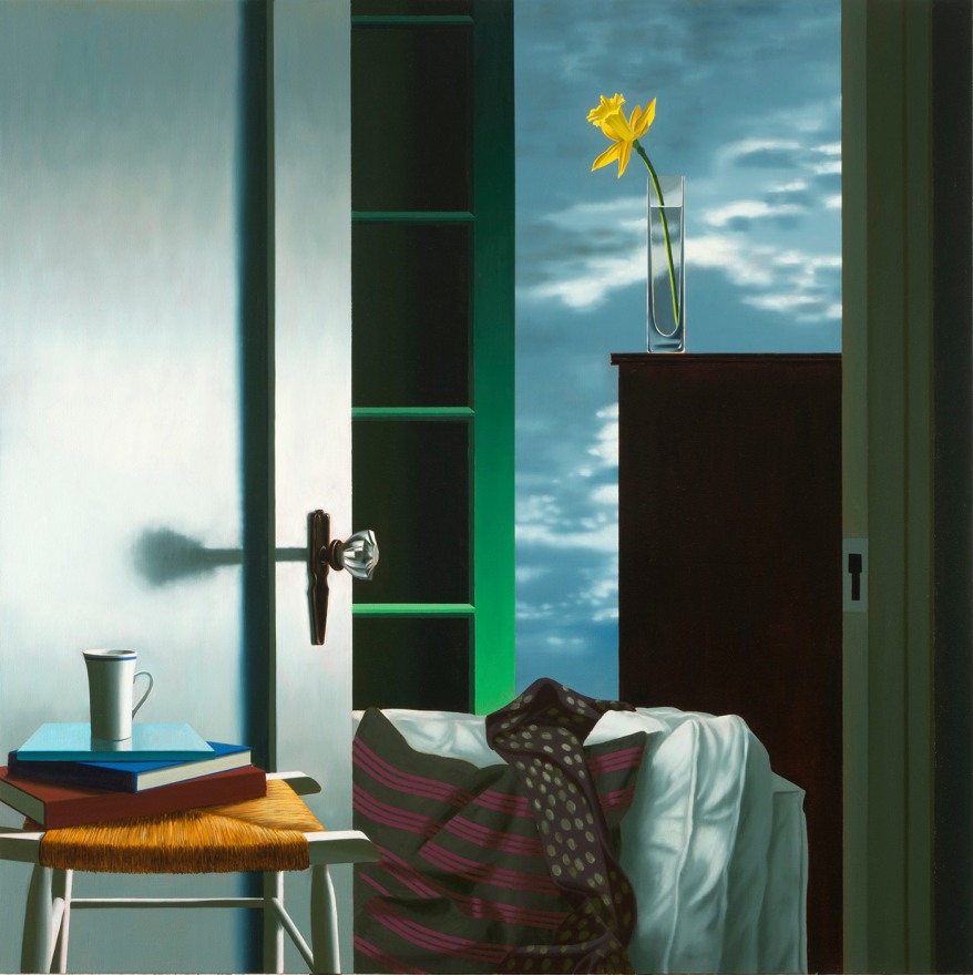 Bruce Cohen, Interior with View of Buttermilk Clouds, Oil on canvas, painting, still life