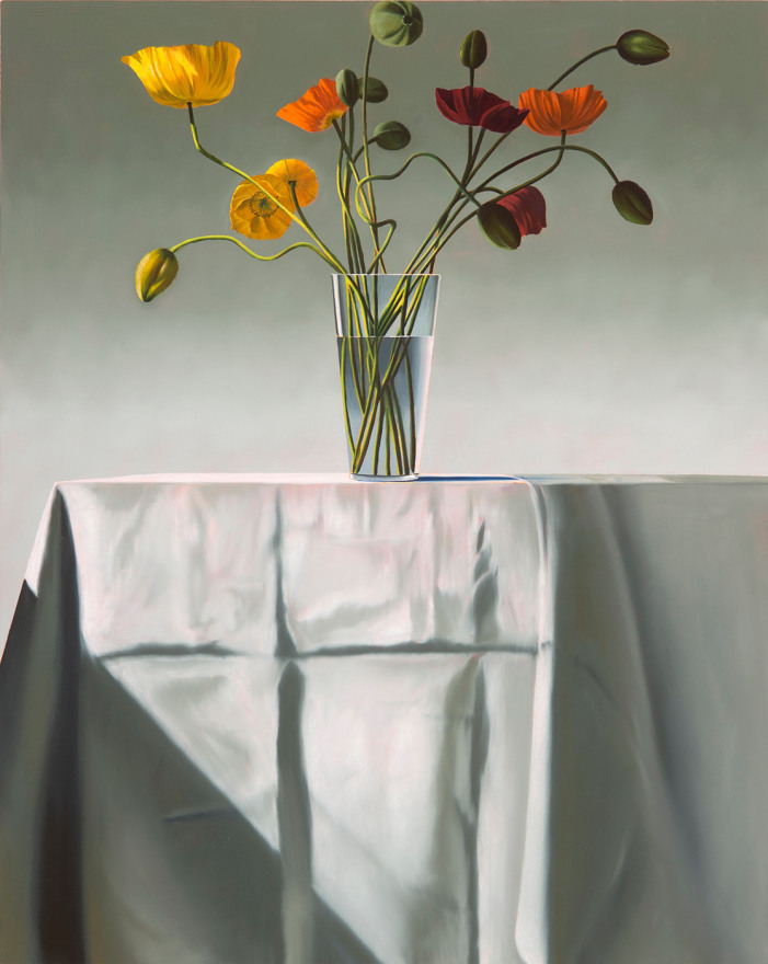 Bruce Cohen, Poppies on Tablecloth, 2017, Still life painting, Oil on panel