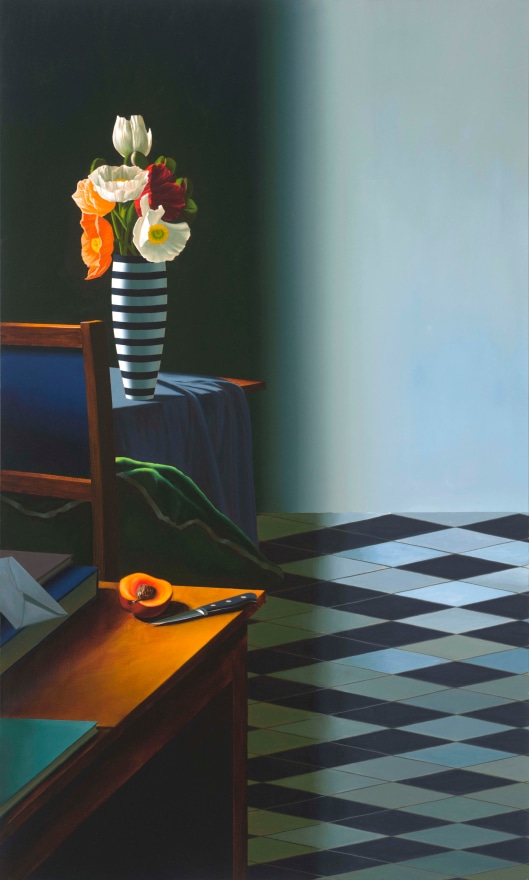 Bruce Cohen, Interior with Poppies in Striped Vase, Oil on canvas