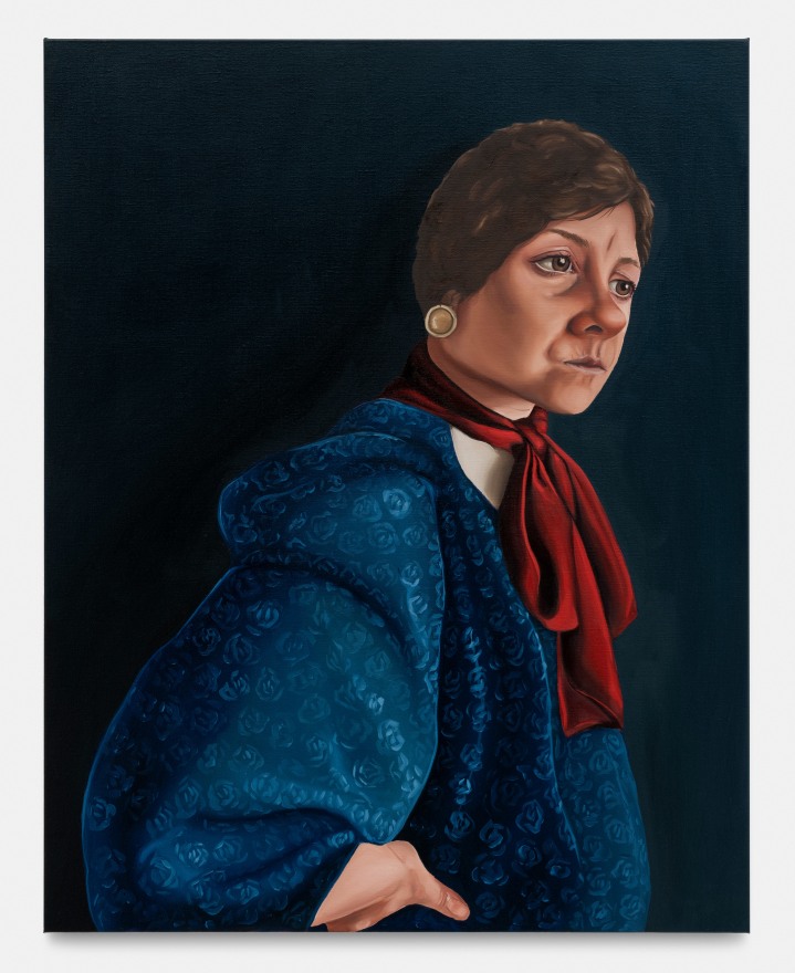 Madeleine Pfull Blue Shirt, Red Scarf II, 2020 oil on linen 37 3/8 x 29 1/2 in 95 x 75 cm (MP20.030)