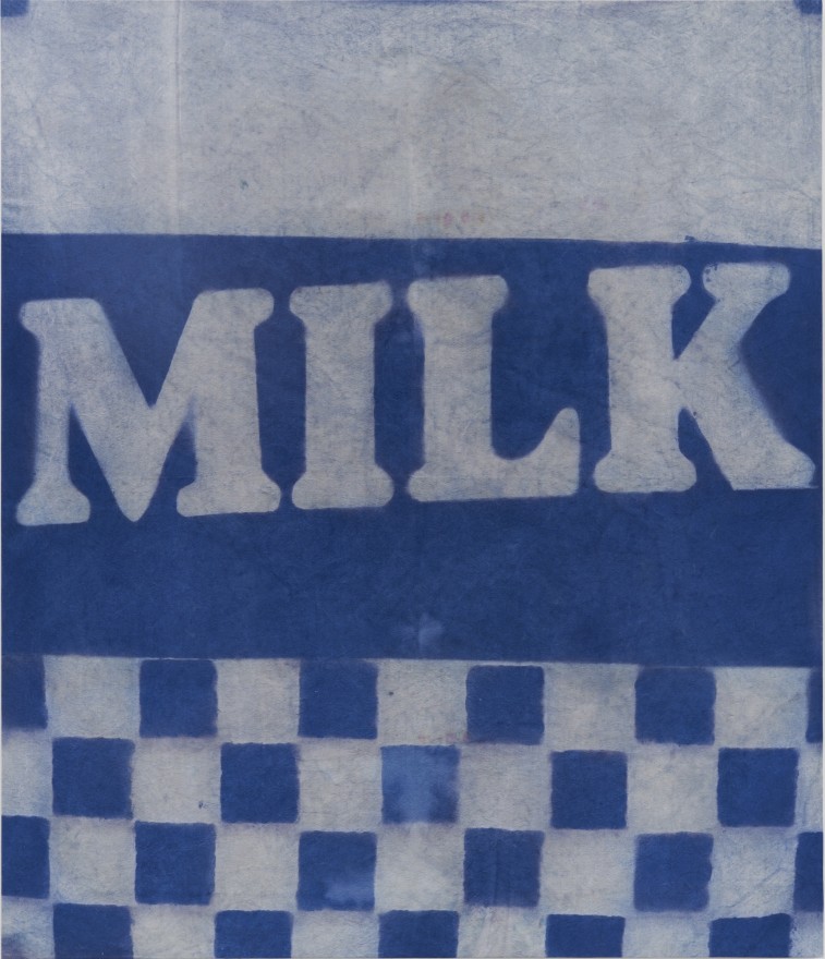 Nicolas Shake MILK (blue checkered), 2023 Dye on canvas, weathered and laundered 84 x 72 in 213.4 x 182.9 cm (NSH23.004)
