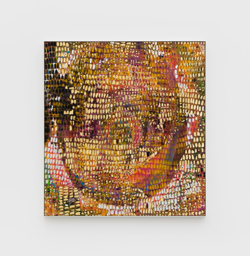 Mindy Shapero Scar of midnight portal, crystallized to orange, pink, black, and gold, 2020 Acrylic, spray paint, gold and silver leaf on paper, framed 34 1/2 x 32 in 87.6 x 81.3 cm (MS20.015)