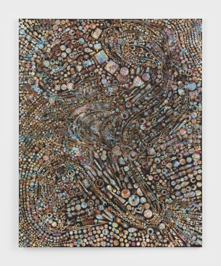 Mindy Shapero Portal Scar, clogged and our tongues work loosely, 2023 Acrylic, gold and silver leaf on linen 90 x 72 in 228.6 x 182.9 cm (MS23.020)