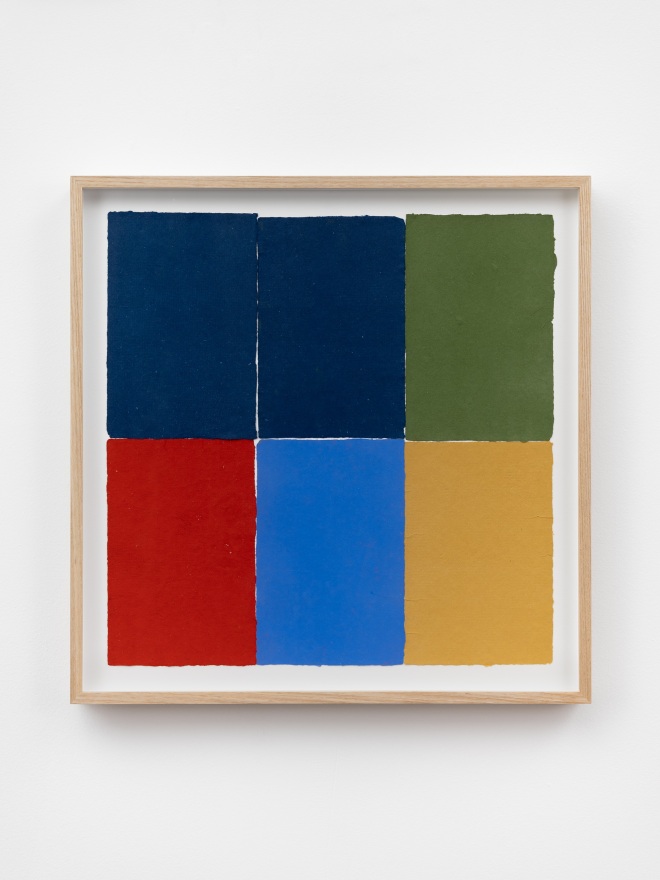 Ethan Cook, Three blues, green, red, ochre, 2020. Handmade pigmented paper 19 3/4 x 19 1/2 in, 50.2 x 49.5 cm (ECO20.053)