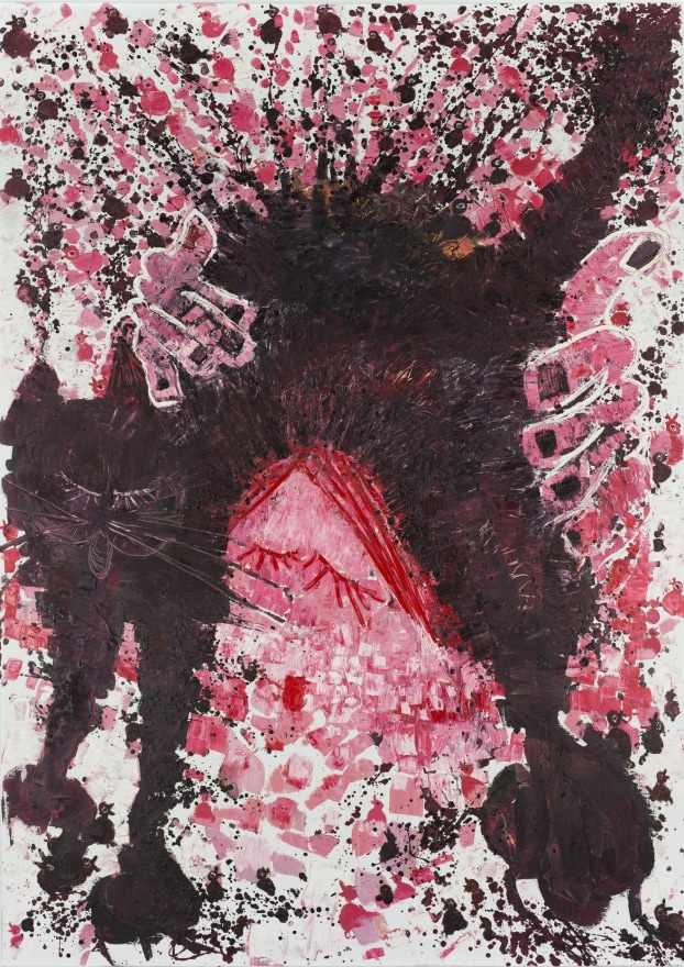 A large black cat arches in the center of the canvas, while red and pink spots of paint surround it.