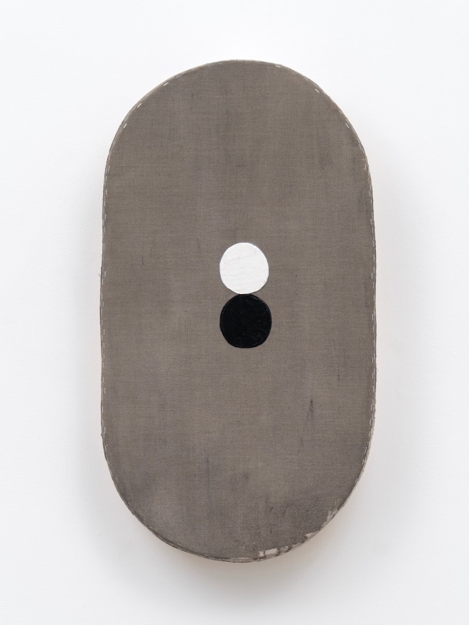 Otis Jones Gray Shape With Black and White Circles, 2024 Acrylic on linen on wood 36 1/4 x 21 x 5 in 92.1 x 53.3 x 12.7 cm (OJO24.007)