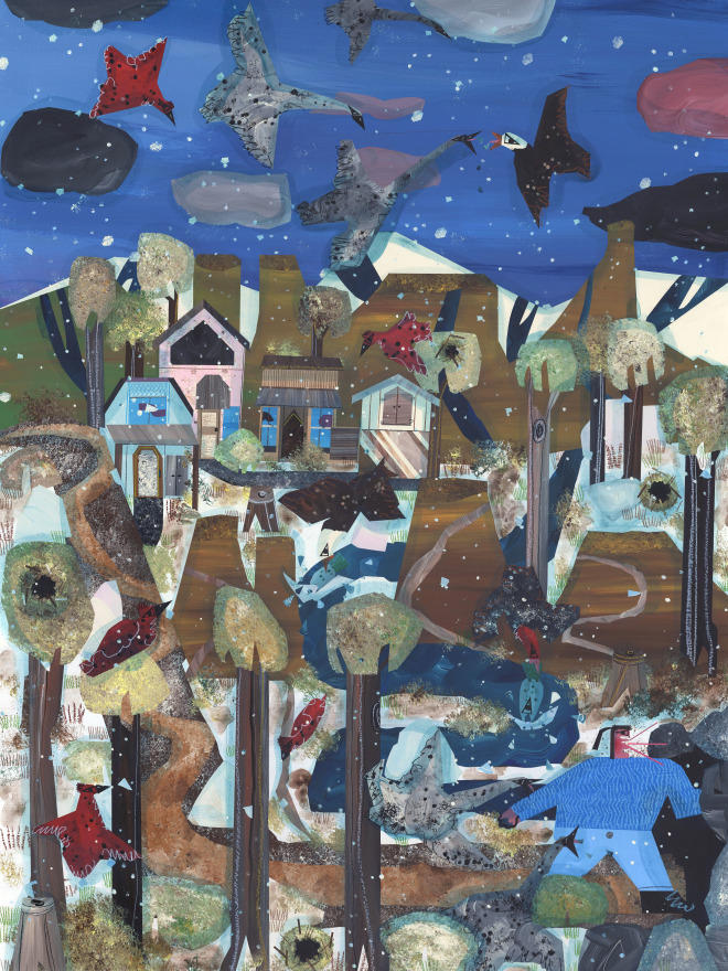 Andrea Joyce Heimer 5:00 p.m.: I walk through the neighborhood and through the empty lots past it. I walk on a path through trees and old bird&rsquo;s nests. I walk toward a cave., 2022 Acrylic &amp; oil pastel on panel 40 x 30 in 101.6 x 76.2 cm (AJO22.017)