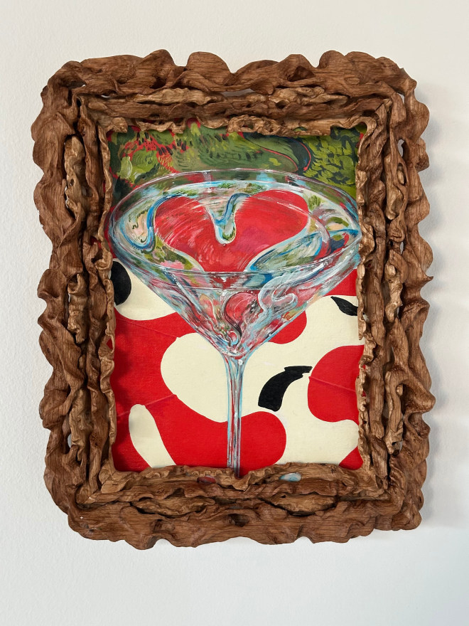 Karel Dicker Martini Love, 2025 Signed, titled, and dated on verso Acrylic on cotton with French oak frame 11 3/4 x 9 7/8 in 30 x 25 cm (KDI24.006)