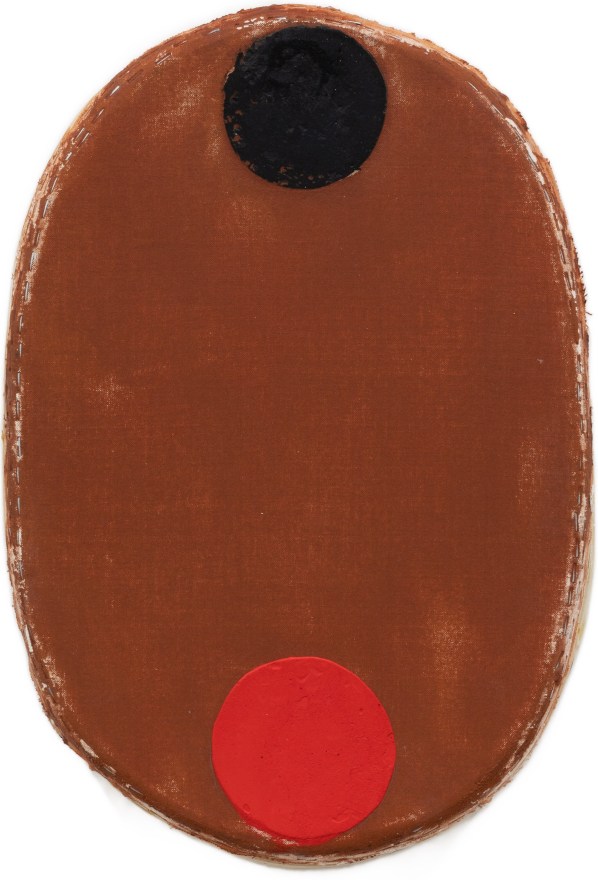 Otis Jones Brown with One Red and One Black Circle, 2021 Acrylic on linen on wood 21 1/2 x 14 1/2 x 3 in 54.6 x 36.8 x 7.6 cm (OJO21.006)