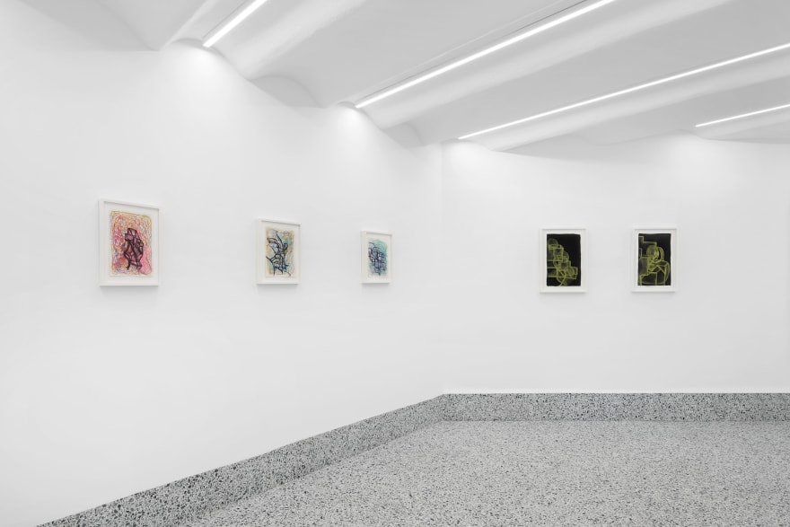 Installation view of Joanne Greenbaum, Drawings: 2007 - 2017, (October 15 - November 12, 2022). Nino Mier Gallery, Brussels Annex.