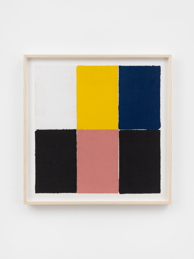 Ethan Cook, White, yellow, pink, blue, two blacks, 2020. Handmade pigmented paper 19 3/4 x 19 1/2 in, 50.2 x 49.5 cm (ECO20.023)