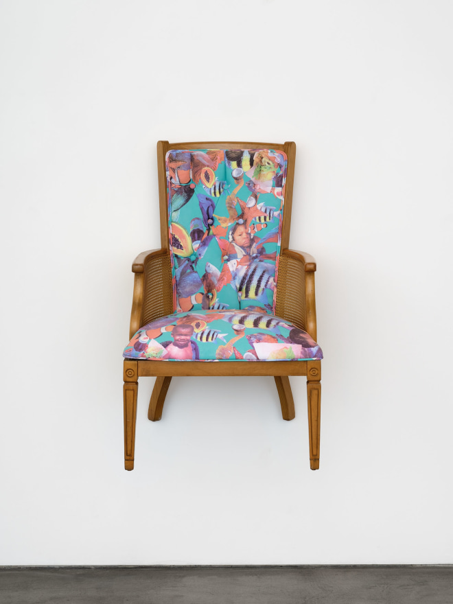 Kareem-Anthony Ferreira Freedom to Want: British Colonial Style Dining Chairs with Recolonized Upholstery (9/11), 2022 Handprinted Serigraph on textile upholster on found chair 35 x 19 x 22 in 88.9 x 48.3 x 55.9 cm (KFE22.016)