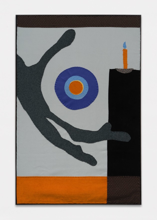 Blair Saxon-Hill Orange Candle, 2022 Fabric collage on canvas wrapped panel 77 1/4 x 51 1/4 x 2 3/4 in (framed) 196.2 x 130.2 x 7 cm (framed) (BSH22.006)