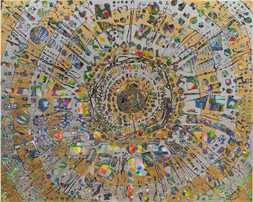 Mindy Shapero Portal Scar, invisible zeros, 2024 Acrylic, gold and silver leaf on linen 72 x 90 in 182.9 x 228.6 cm (MS24.016)