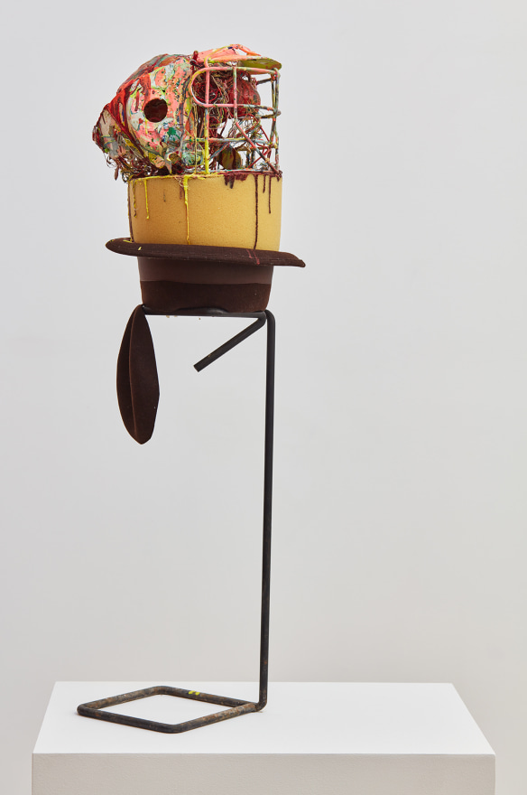 Aidas Bareikis, 67, remember the hat?, 2016. Hat, football helmet, foam, strings, play doh, paint, fiber glass, aqua resin, wire on the found stand, 39 x 12 x 12 inches (99.1 x 30.5 x 30.5 cm) ADB16.001