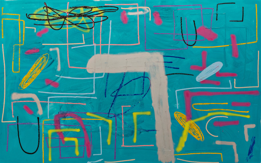 Andr&eacute; Butzer Untitled, 2019 Acrylic, oil, and spray paint on canvas 70 1/2 x 119 in 179.1 x 302.3 cm (AB19.087)