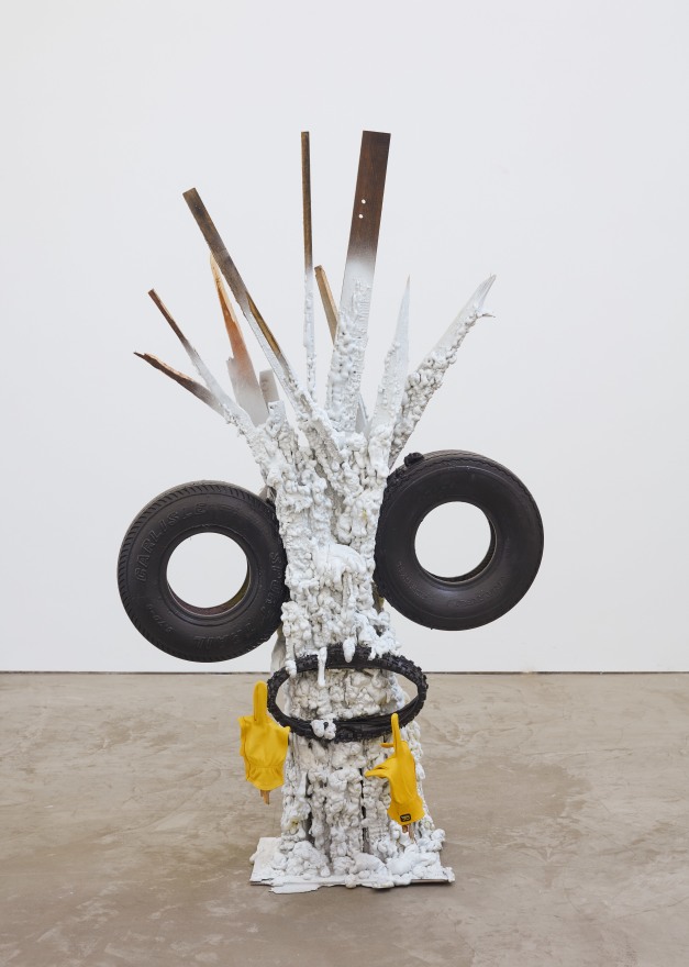 Jon Pylypchuk Hey, why don&rsquo;t you give your balls a tug, 2018 Spray Foam, Wood, Aerosol, Tires and Gloves 72 x 42 x 24 in 182.9 x 106.7 x 61 cm (JPY18.015)