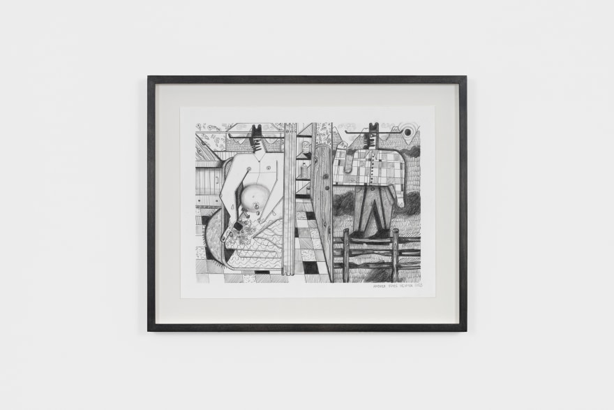 Andrea Joyce Heimer Cowboys Bathing And Waiting., 2023 Graphite on paper 12 x 15 in (framed) 30.5 x 38.1 cm (framed) (AJO23.012)