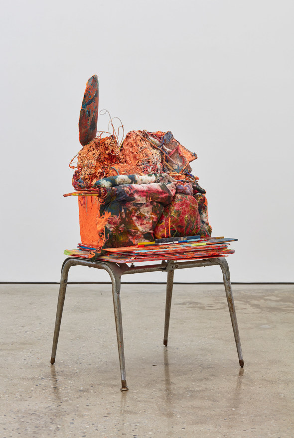 Aidas Bareikis, 67, what&rsquo;s the story?, 2016. Foam, wood, paper, strings, painting rag, play doh, water putty, paint, glue, baking soda,shaving cream, aqua resin, chalk, wire, plastic dear on the found stand 44 x 26 x 22 inches, (111.8 x 66 x 55.1 cm) ADB16.003