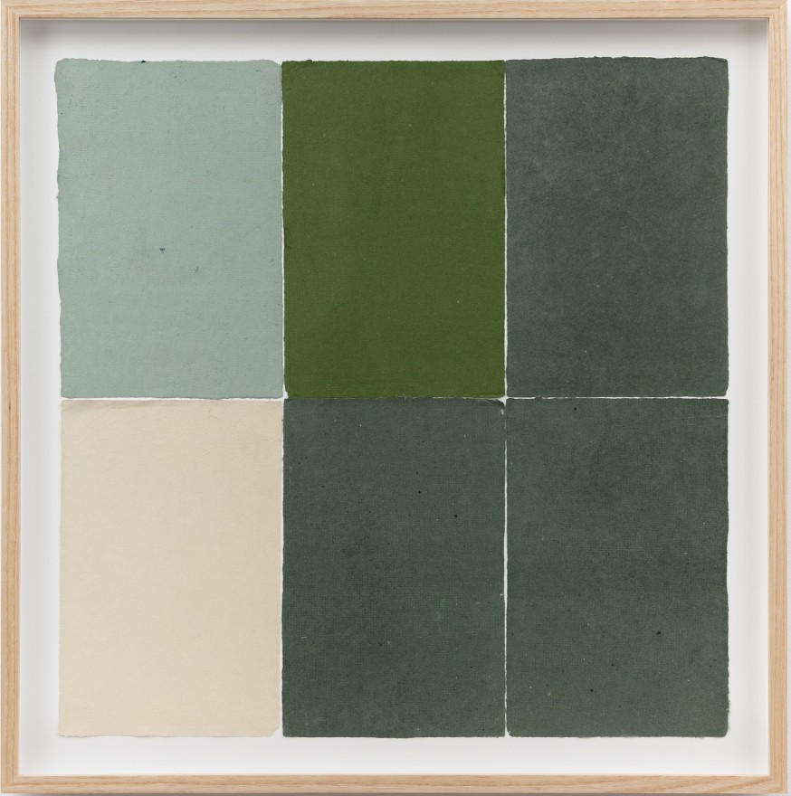 Ethan Cook Five greens, an alabaster, 2020 Handmade pigmented paper 19 3/4 x 19 1/2 in (framed) 50.2 x 49.5 cm (framed) (ECO20.052)