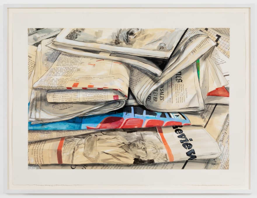 Rebecca Ness, Newspapers I, 2020. Gouache and pencil on paper, 22 x 30 in, 55.9 x 76.2 cm, 24 5/8 x 32 3/4 in (framed), 62.5 x 83.2 cm (RNE20.021)