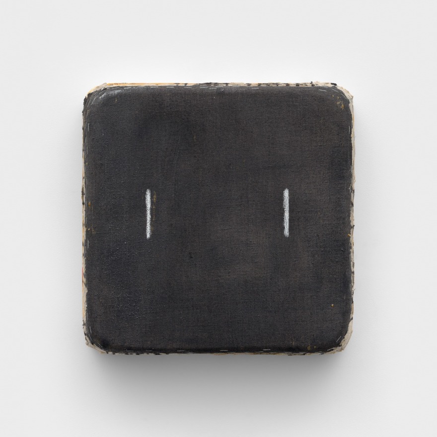 Otis Jones Black With Two White Lines, 2025 Signed, titled, and dated on verso Acrylic on linen on wood 16 x 16 x 3 1/2 in 40.6 x 40.6 x 8.9 cm (OJO25.011)