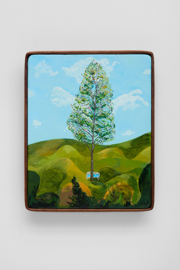 Karel Dicker Lover&rsquo;s Bench, 2025 Acrylic on Belgian linen with American walnut frame 12 1/2 x 10 in 31.8 x 25.4 cm (KDI25.032)