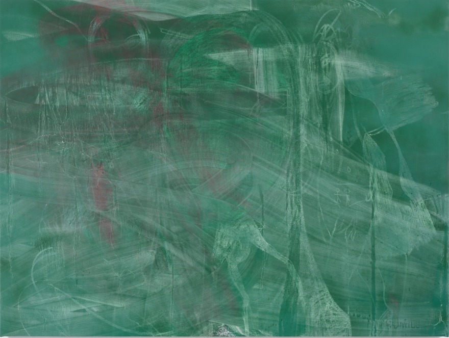 Rita Ackermann,  Medieval X-Ray, 2015. Acrylic, enamel, chalk, pastel, spray paint on canvas, 48 x 64 inches (121.9 x 162.6 cm)