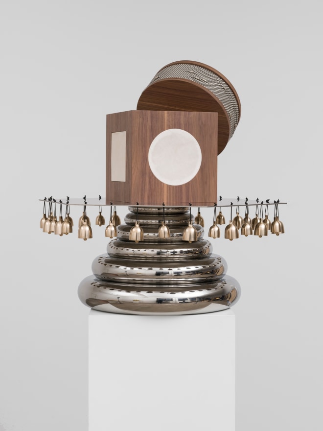 Nevin Aladağ Resonator Percussion, 2019 Stainless steel, plywood, leather, bronze. Ed 3/3 37 3/8 x 39 3/8 x 39 3/8 in 95 x 100 x 100 cm (NAL21.003)