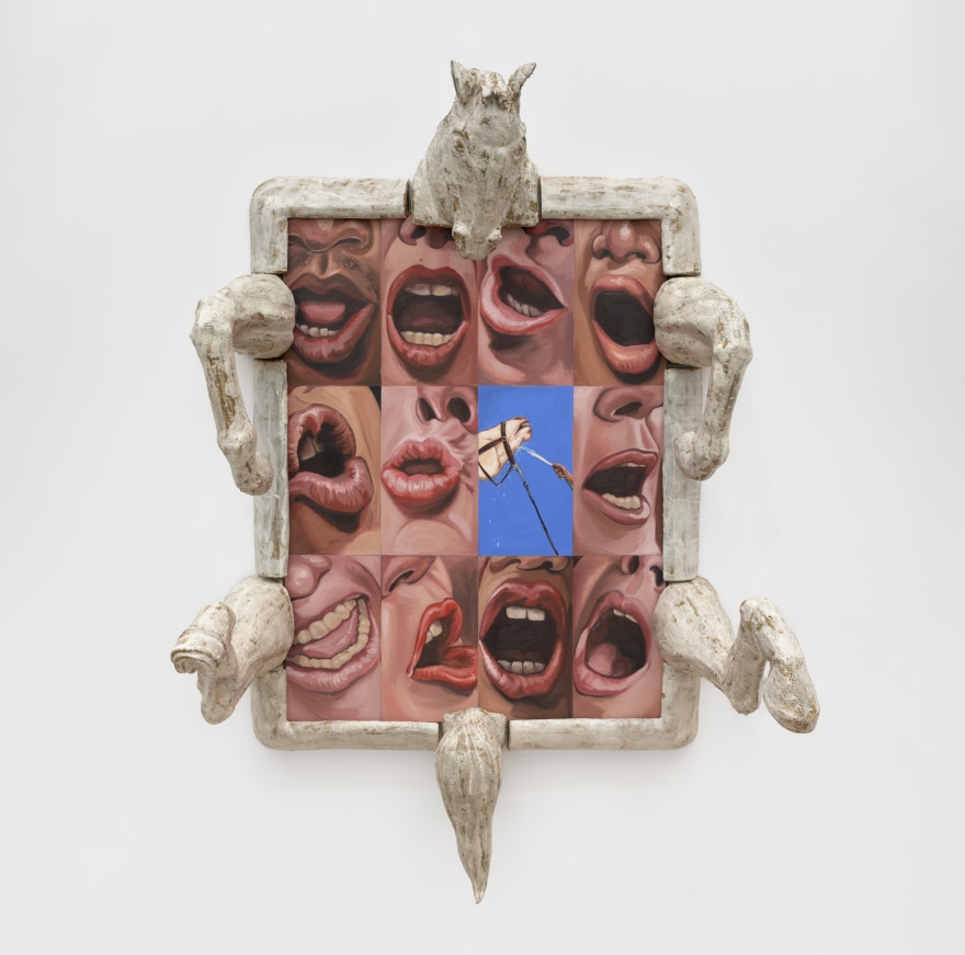 Stephanie Temma Hier Uncorrected personality traits (O-face or political face?), 2023 Oil on linen with glazed stoneware sculpture 75 1/2 x 50 x 16 in 191.8 x 127 x 40.6 cm (SHI23.013)