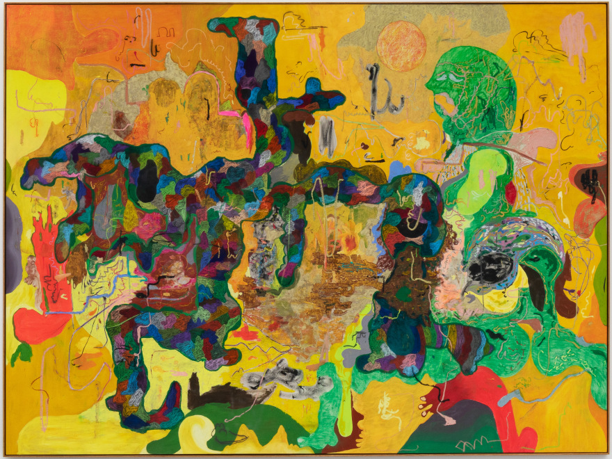 Michael Bauer, Ether Cave, Green Woman and Moon, 2020. Oil, crayon, pastel and acrylic on canvas, 96 x 120 in, 243.8 x 304.8 cm (MBA20.005)