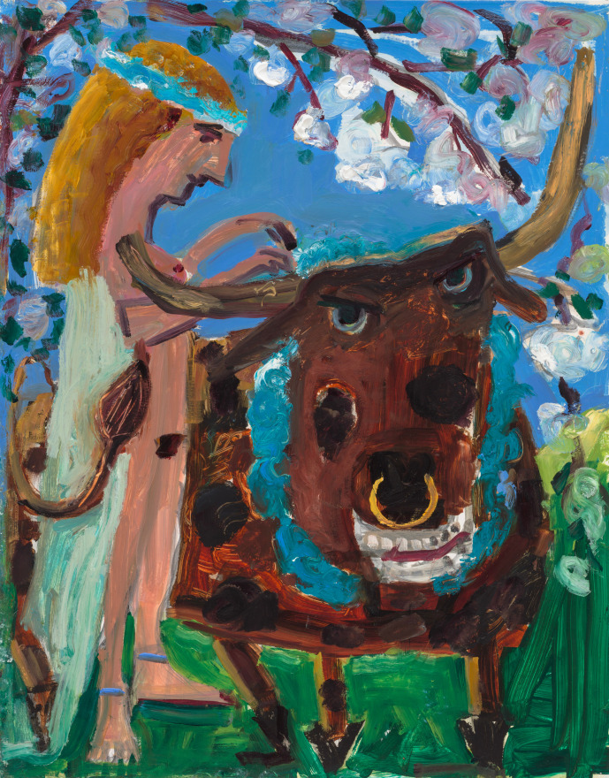 Kyle Staver Europa and the Bull , 2022 Oil on paper 30 3/4 x 24 3/4 x 1 1/8 in (framed) 78 x 63 x 3 cm (framed) (KST22.025)