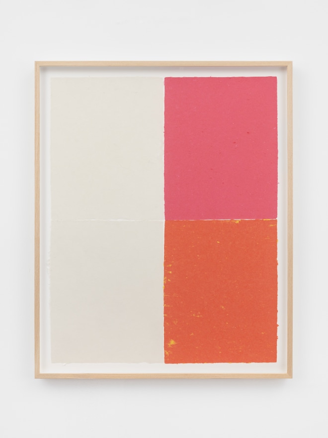 Ethan Cook, Two whites, pink, orange with yellow speckles, 2020. Handmade pigmented paper 31 x 25 1/4 in, 78.7 x 64.1 cm (ECO20.022)