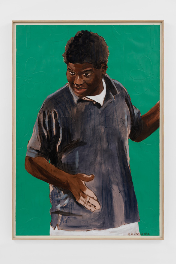 Kareem-Anthony Ferreira Portrait of Kyle (Green background), 2021 Acrylic and mixed media on paper 44 x 30 in 111.8 x 76.2 cm 45 1/4 x 31 3/4 inches (framed) 115 x 80.5 cms (framed) (KFE21.021)