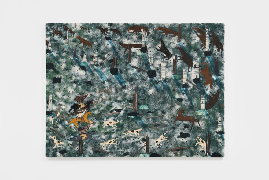 Andrea Joyce Heimer Bow Hunting Season In The Bitterroot Made Me Cry Every Year., 2023 Acrylic, oil pastel on panel 60 x 80 in 152.4 x 203.2 cm (AJO23.005)