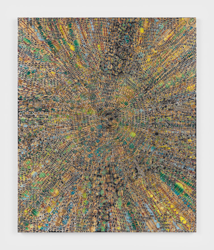 Mindy Shapero Portal Scar, It's time to meet the line, 2023 Acrylic, gold and silver leaf on linen 72 x 60 in 182.9 x 152.4 cm (MS23.011)
